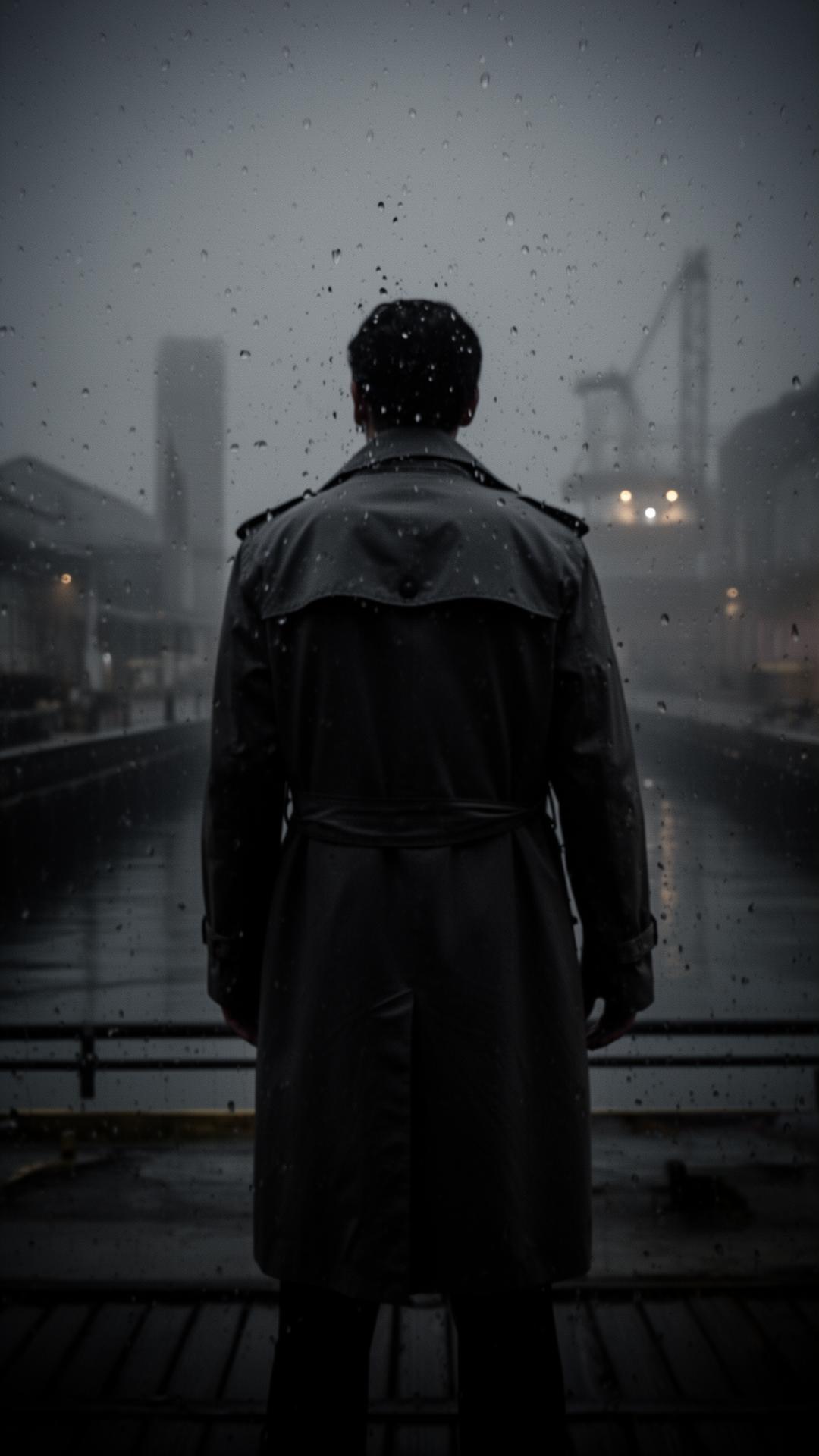 A figure in a charcoal trench coat at a foggy industrial dockside